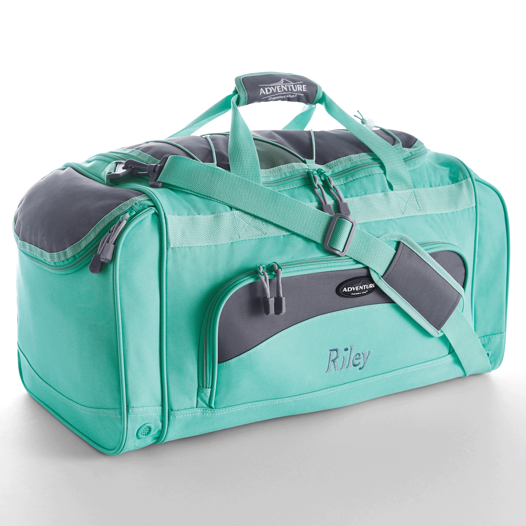 Personalized Duffel Bag with Shoe Pocket and Lockable Zips, Aqua Gray, large