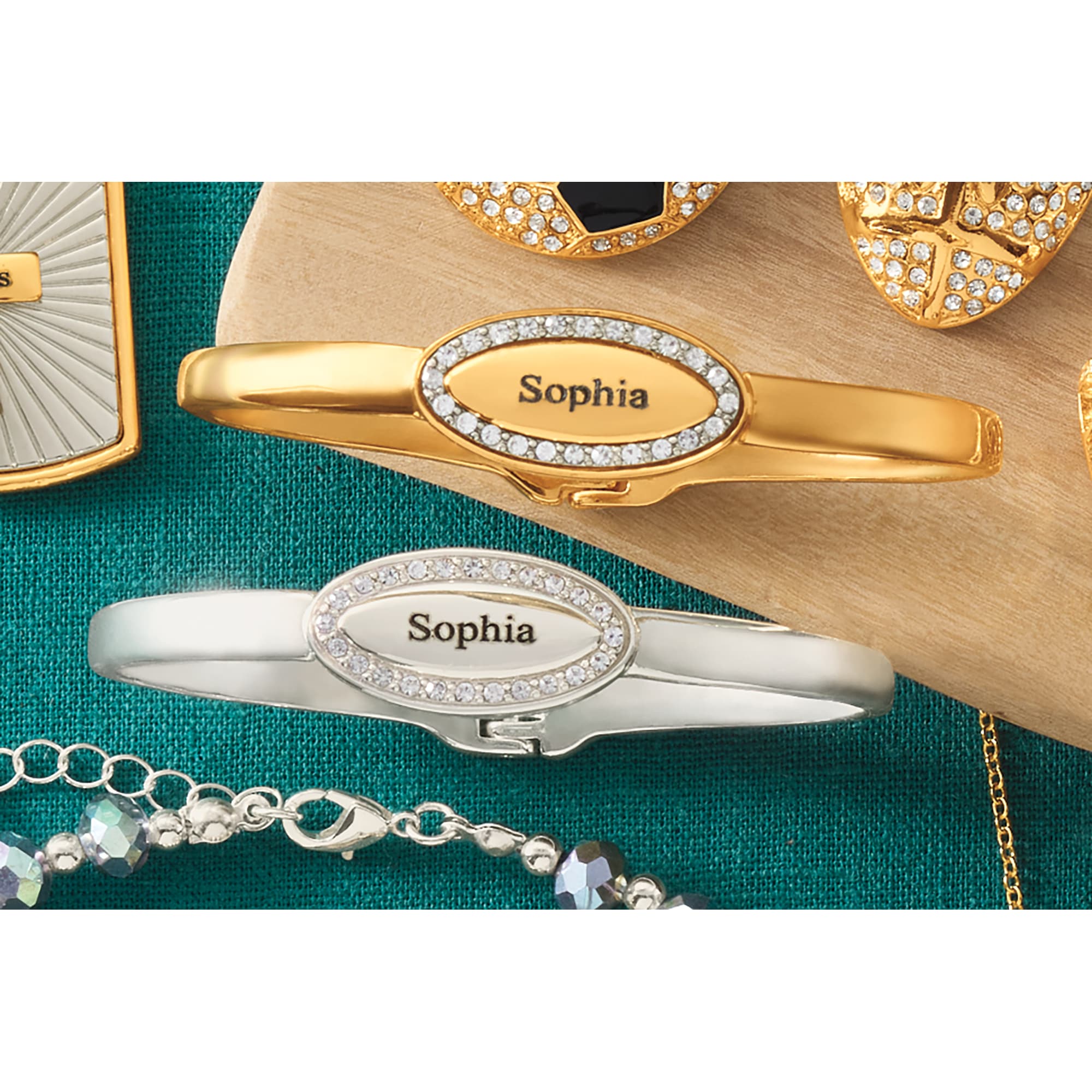 Personalized Name Oval/Crystal Hinge Bangle, , large