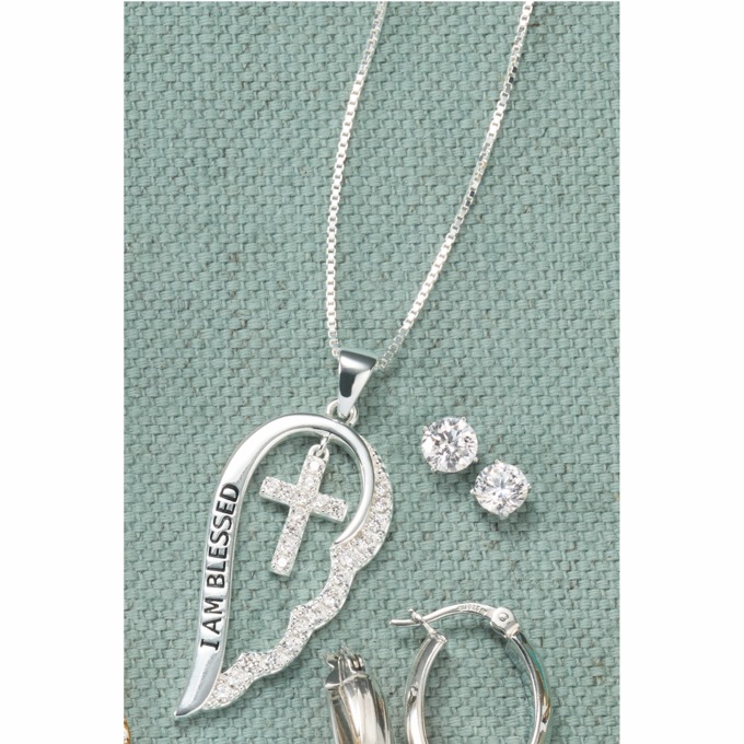 Cubic Zirconia Wings/Cross Blessed Pendant, , large