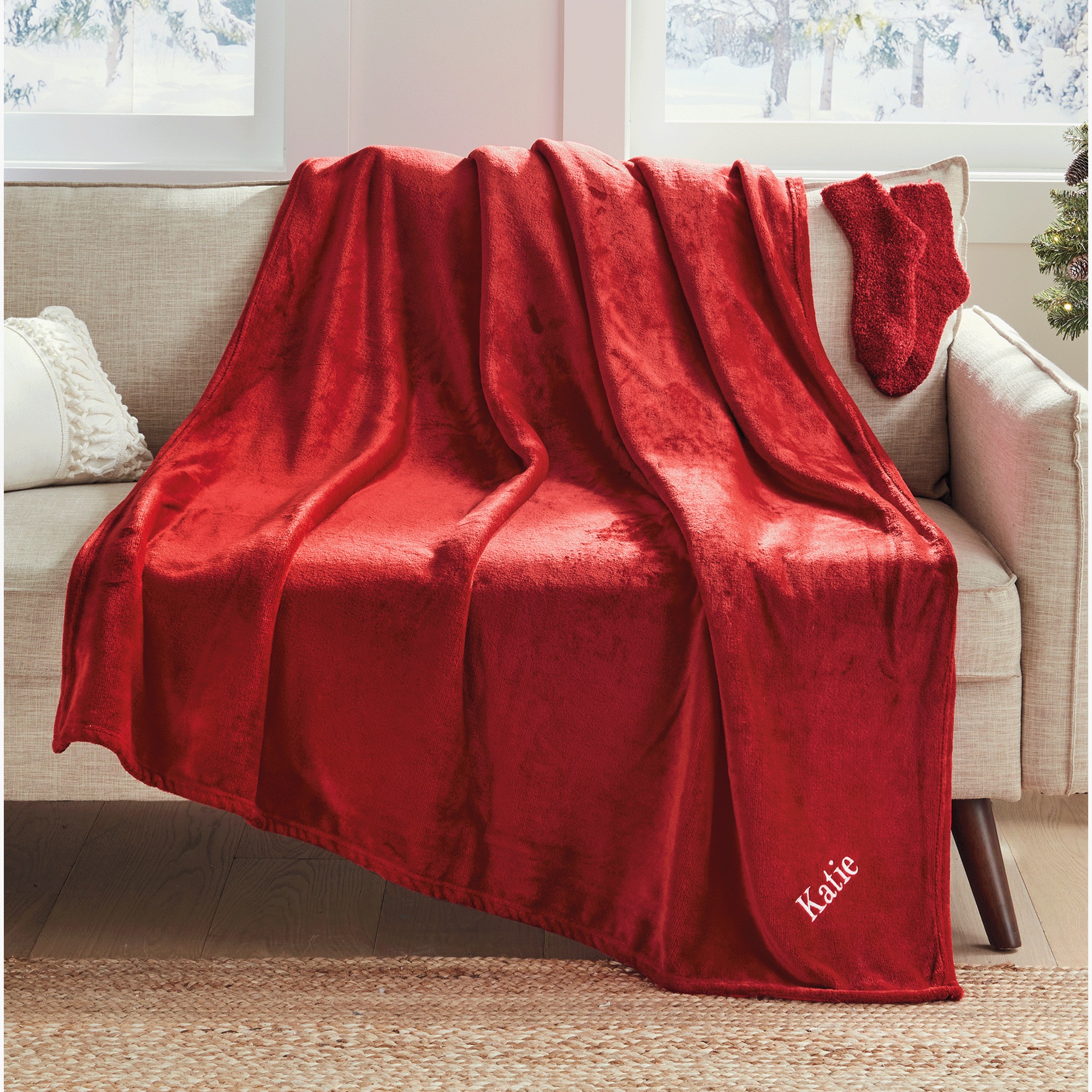 Snuggly Throw Blanket and Socks Gift Set, Red, large