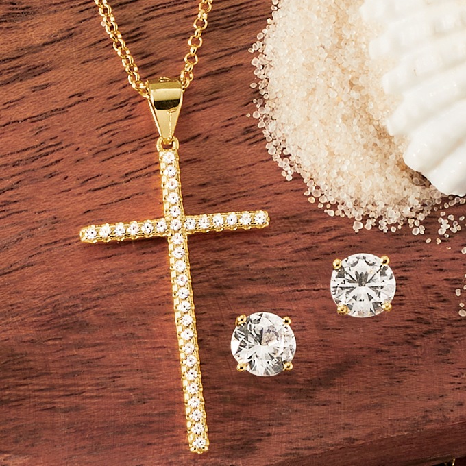 Gemstone Cross Pendant and Earring Set, , large