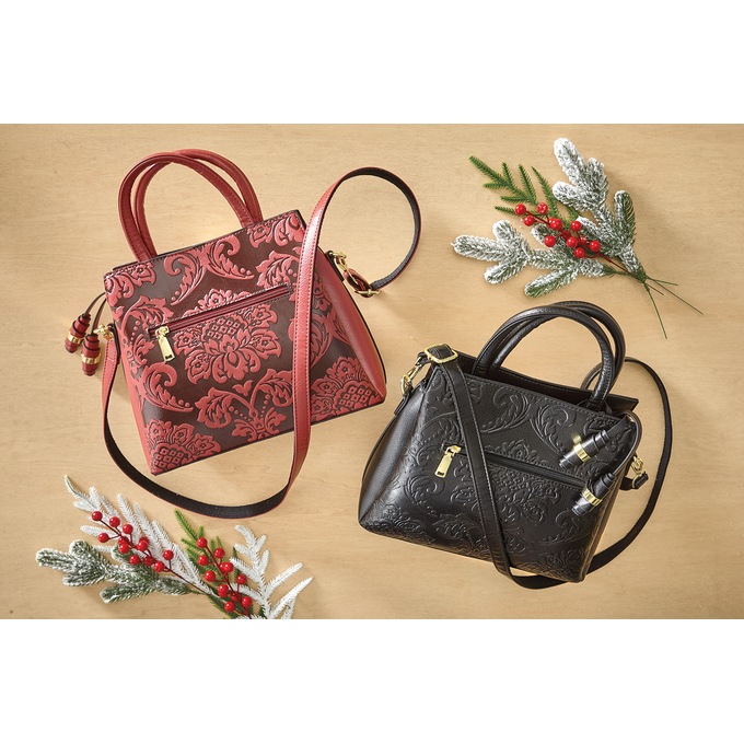 Embossed Floral Satchel with Crossbody Strap, , large