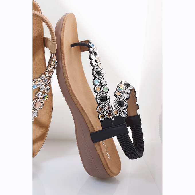 Sanjuan Faux Leather Toe Thong with Rhinestones and 1.5" Wedge Heel, , large