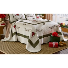 Cardinal Embroidered Hand-Pieced Quilted Bedspread, , large
