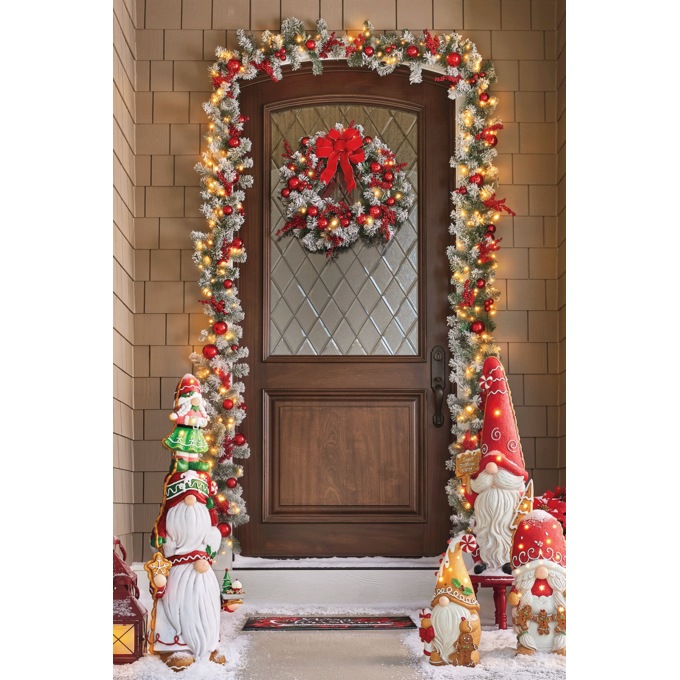 Lit Flocked Wreath &amp; Garland with Red Accents, , large