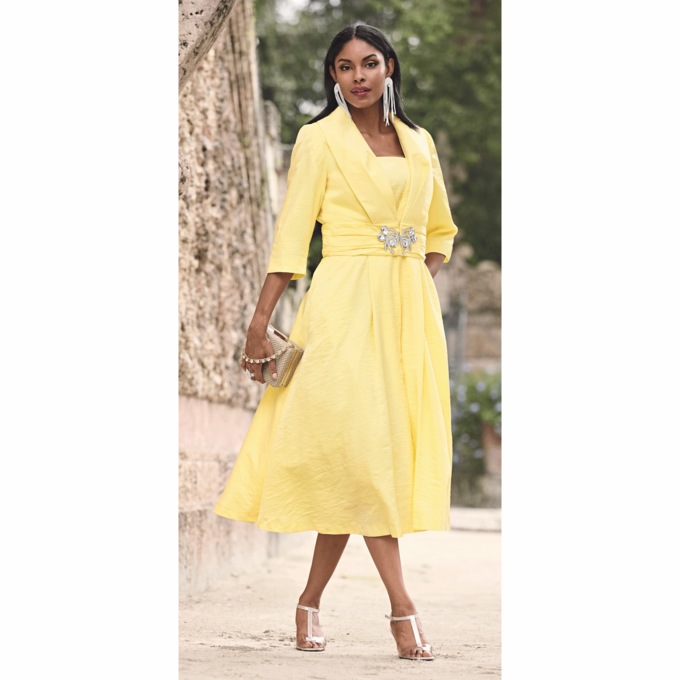 Ashro Elegant Fit-and-Flare Sparkling Jacket Dress with 3/4 Sleeve, Size 16W, Yellow