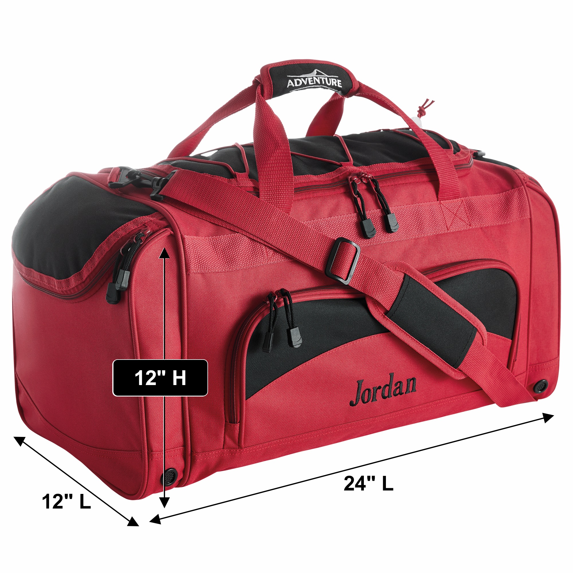 Personalized Duffel Bag with Shoe Pocket and Lockable Zips, Red Black, large