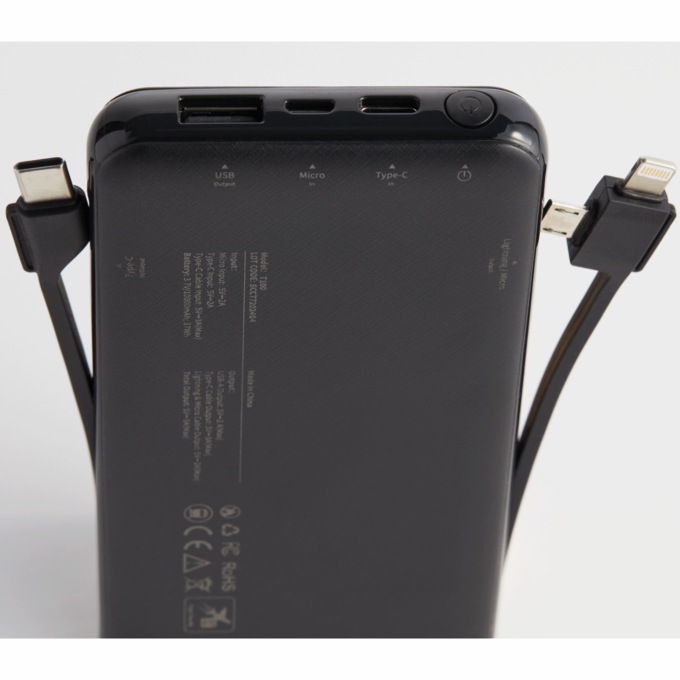10,000mAh Portable Power Bank with Built-In USB-C, Micro USB and Lightning Cables, , large