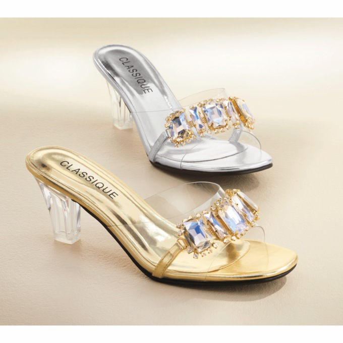 The Classique Vinyl Rhinestone Slide for Women with a Clear 2.5" Lucite Heel, , large
