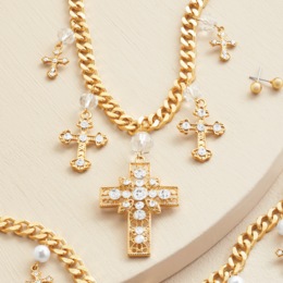 Charms and Pendant Cross Necklace &amp; Earring Set, , large