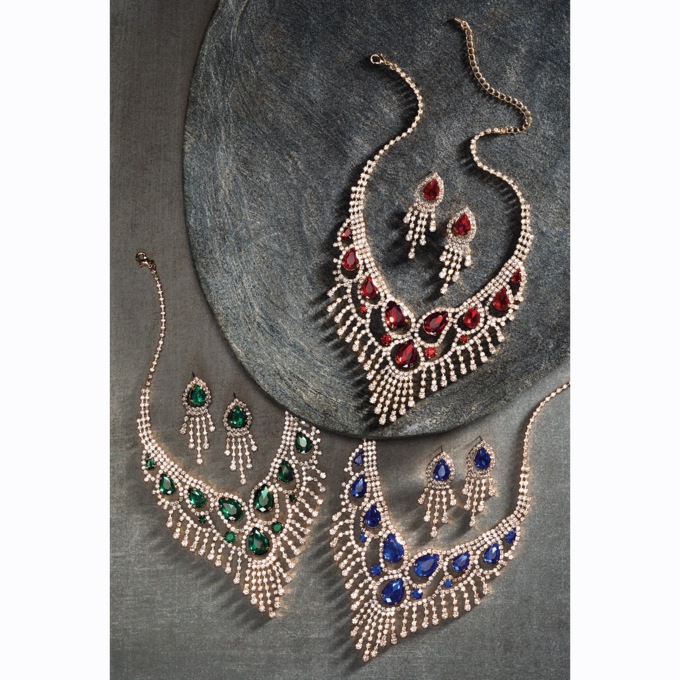 Crystal/Fringe Color Necklace & Earring Set, , large