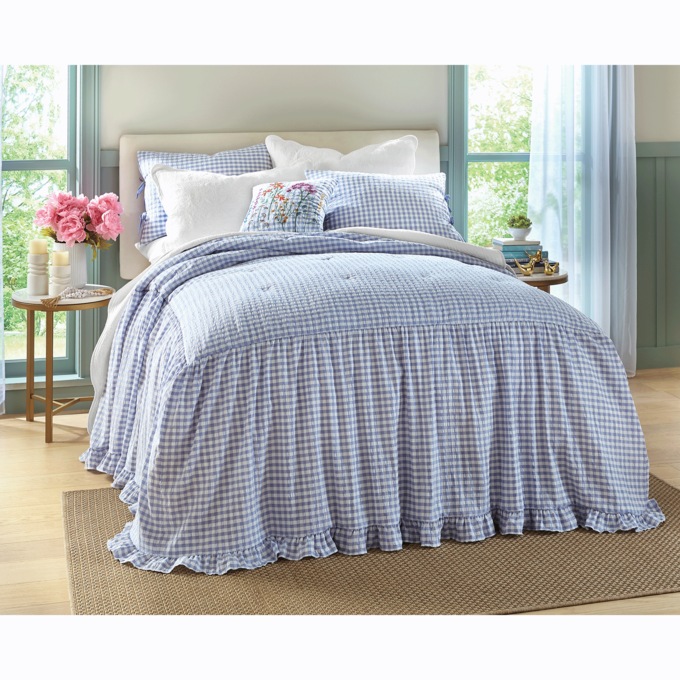 Beth Gingham Skirted Bedspread Set, Blue, large