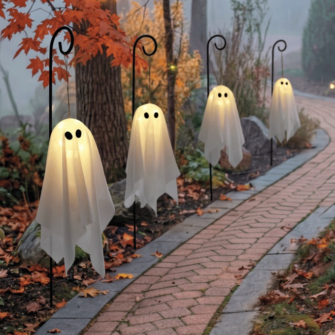 Set of 4 Hanging Ghost Stakes, White, large
