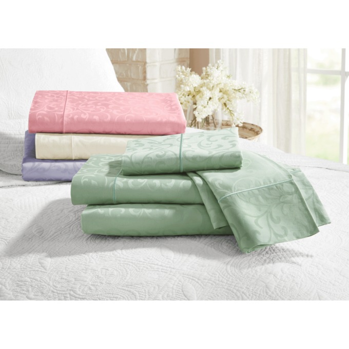 300-Thread Count Cotton Scroll Jacquard Sheet Set, Ivory, large