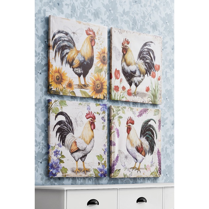 Set of 4 Floral Rooster Wall Art, Multi, large
