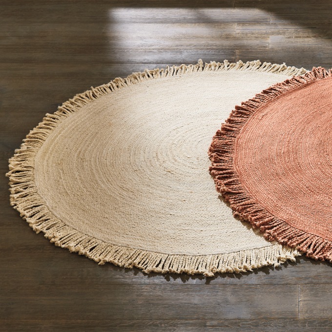 Luella Braided-Jute Reversible Rug with Fringe, Beige, large