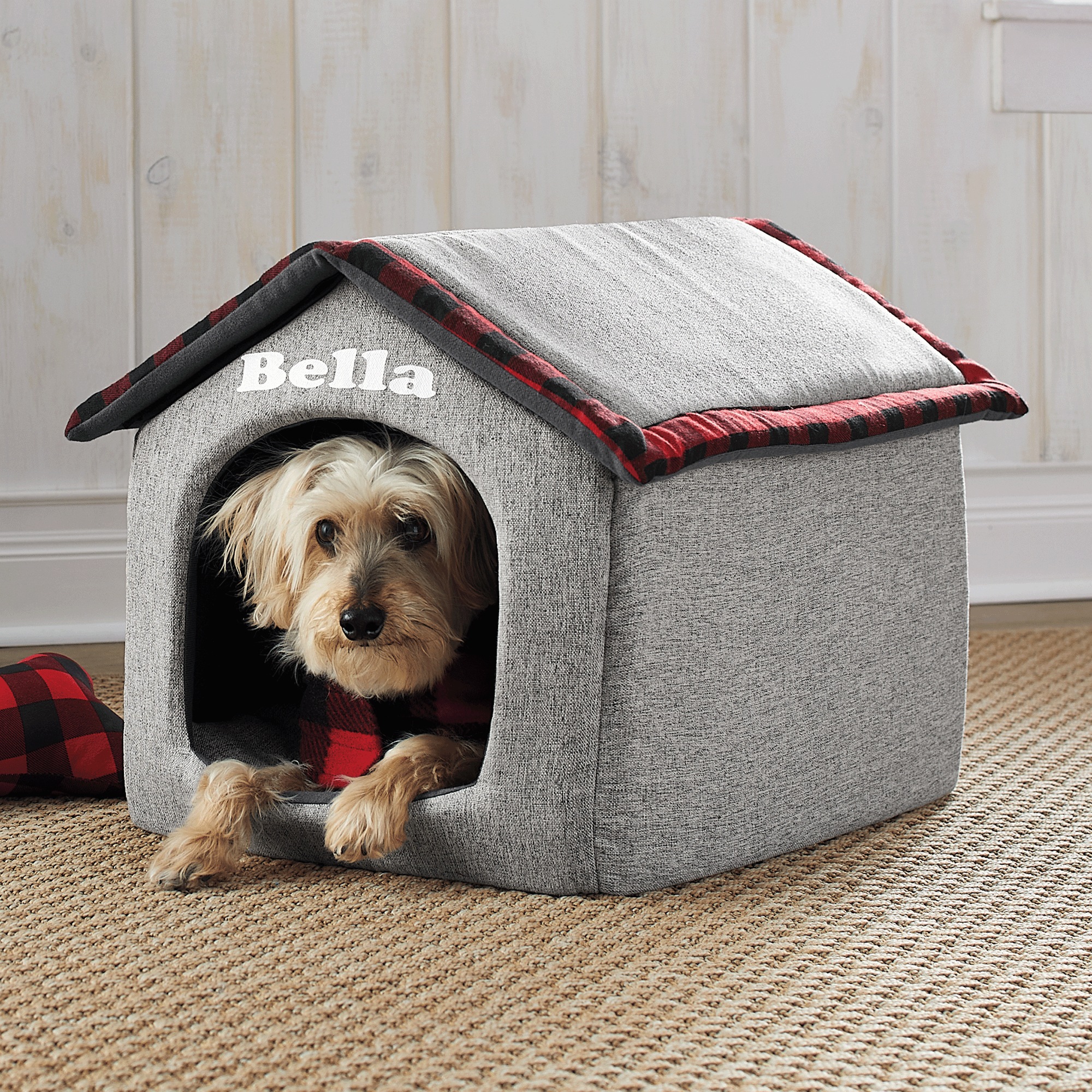 Soft Foldable Pet House, Gray with Red Plaid, large