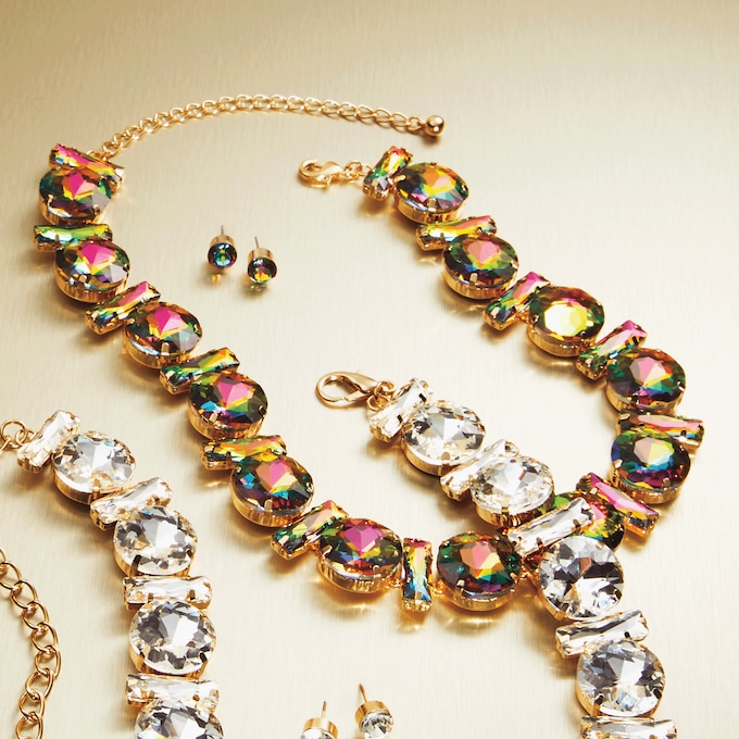 Crystal Round/Rectangular Strand Necklace & Earring Set, , large