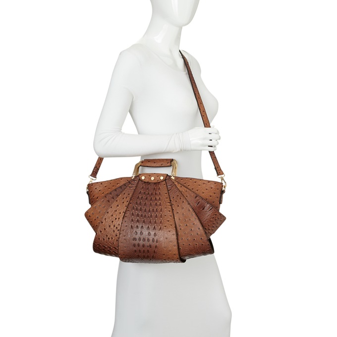 Croco-Fan Embossed Faux Leather Handbag &ndash; Fanned Design with Zip Closure, Inside Pockets & Removable Strap, , large
