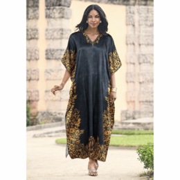 Mi Amor Long V-Neck Caftan with Floral Border, , large