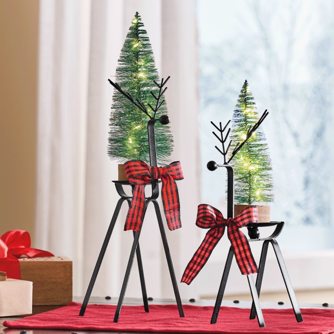 Set of 2 LED Lighted Metal Deer with Bottlebrush Trees, Multi, large