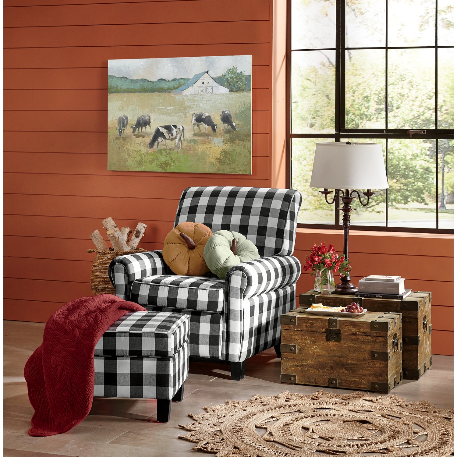Buffalo check chair and store ottoman