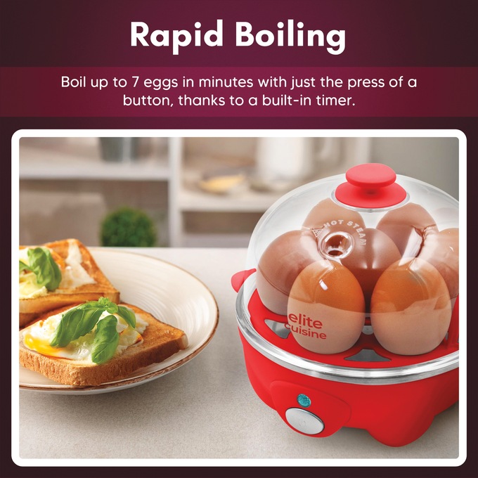 Elite Gourmet 7-Egg Cooker with Timer, Red, large