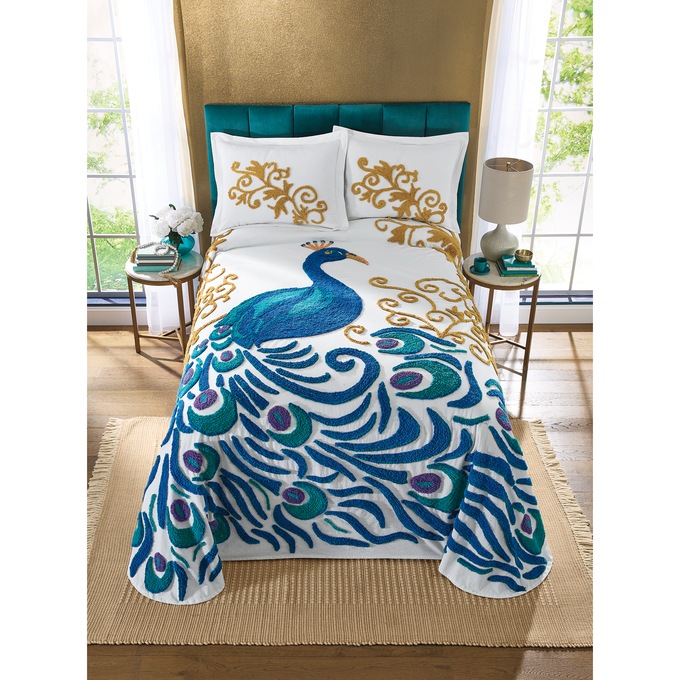 Peacock Chenille Bedspread and Sham, , large