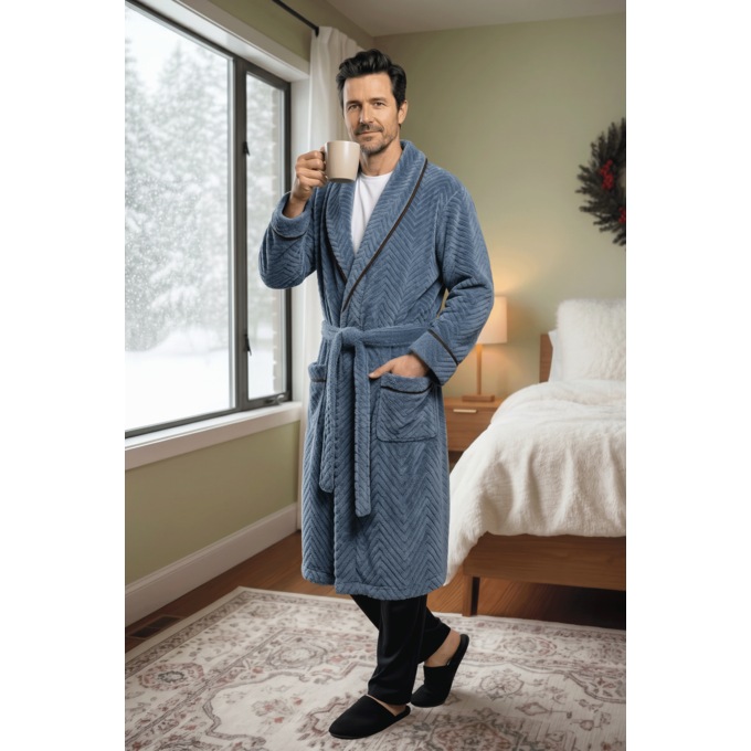 Men&rsquo;s Plush Textured Fleece Robe with Shawl Collar and Belt, , large