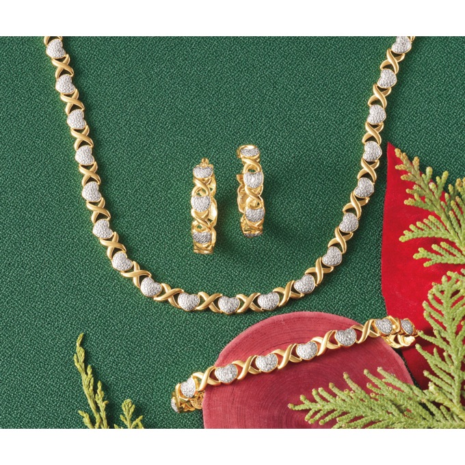 Diamond Heart & X 3-Piece Necklace, Bracelet & Hoop Set, Goldtone, large