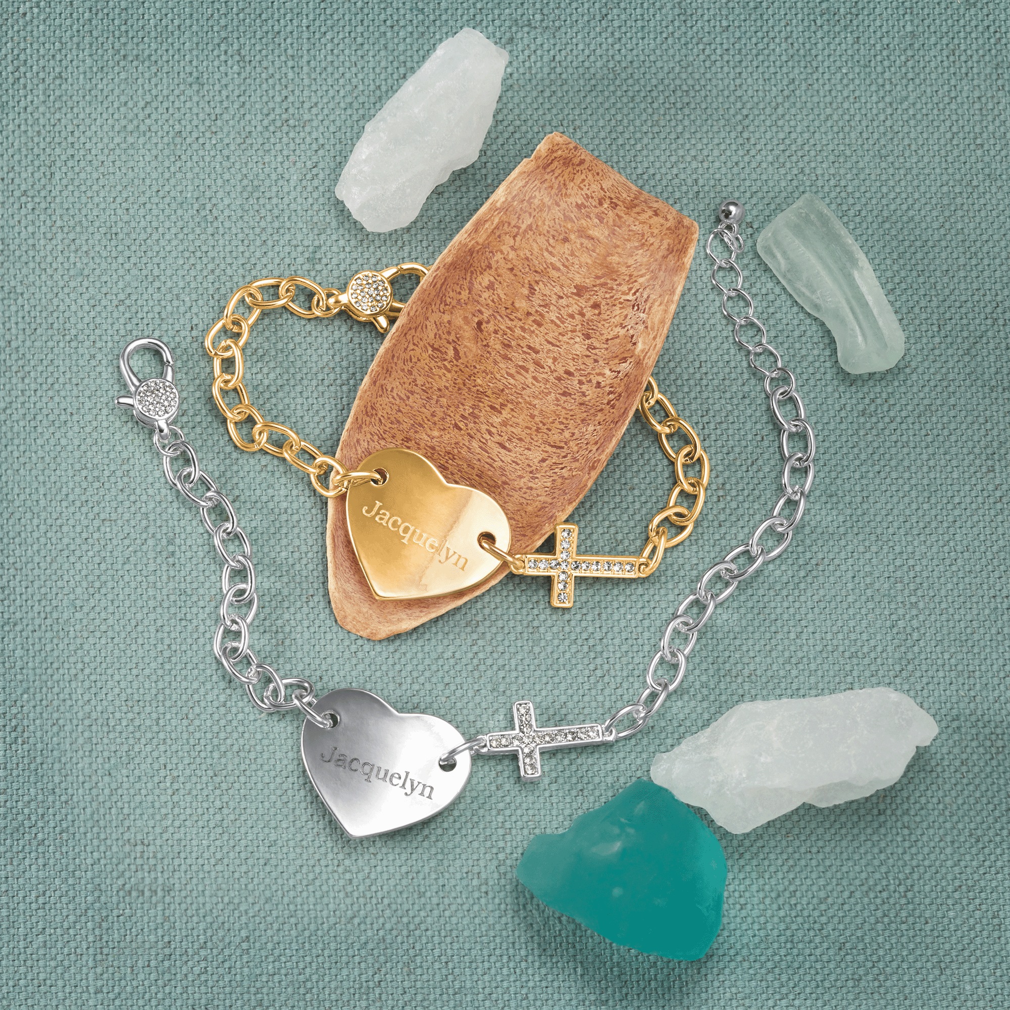 Personalized Name Heart/Cubic Zirconia Cross Bracelet, , large