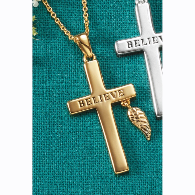 Believe Cross with Wing Pendant , Gold Sterling Silver, large