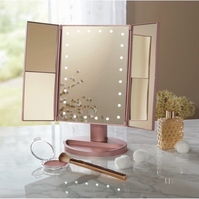 Trifold Lighted Vanity Mirror, Rose Gold, large