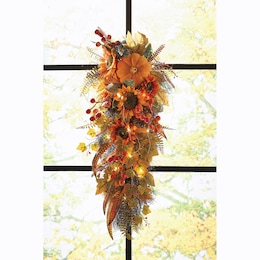 Lit Faux Floral Pumpkin and Sunflower Swag, , large