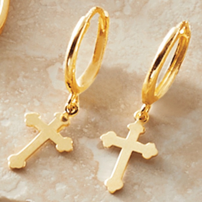 10K Gold Cross/Huggy Earrings, , large