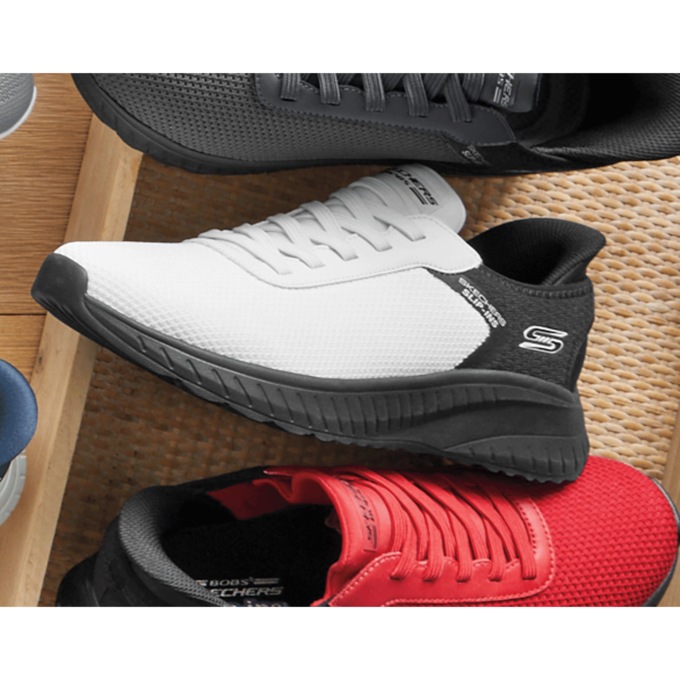 BOBS Men's Slip-Ins Squad Chaos Sneaker by Skechers, Black White, large