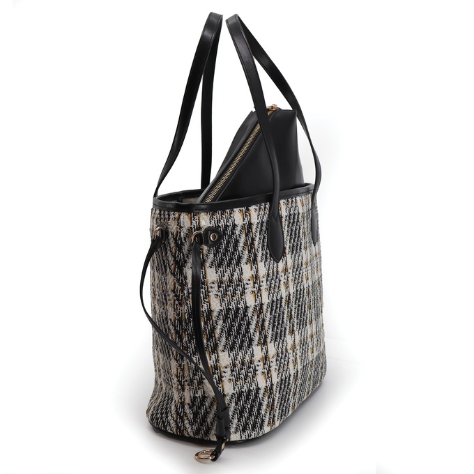 Plaid Tote with Pouch, Black White Plaid, large