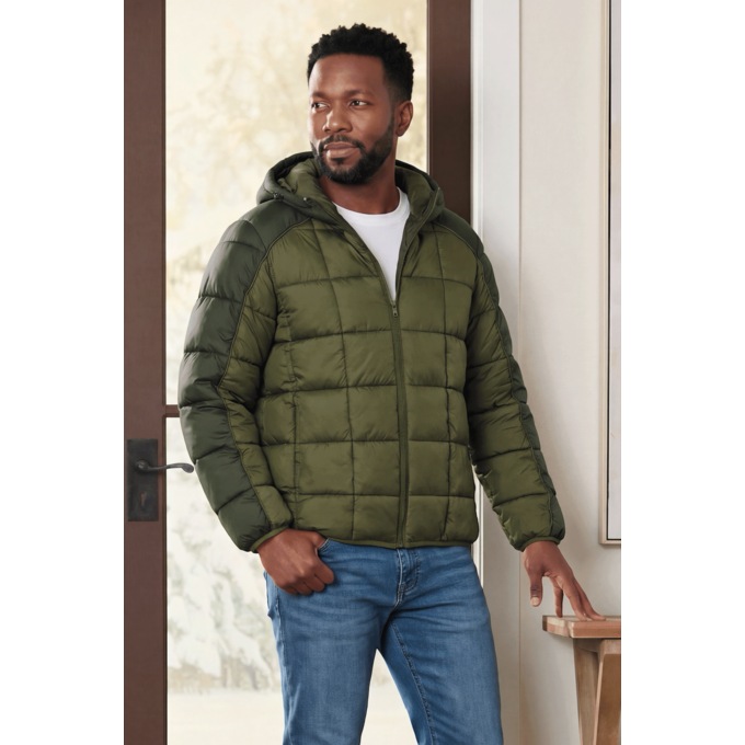 Men&rsquo;s Colorblock Hooded Puffer Jacket with Storm Flap and Pockets, , large