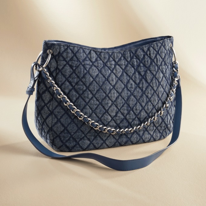 Quilted Denim Hobo Bag – Diamond-Stitch Shoulder Purse with Chain and Crossbody Strap for Women, , large