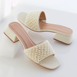 Faux-Pearl Slide with 1.5" Block Heel, , large