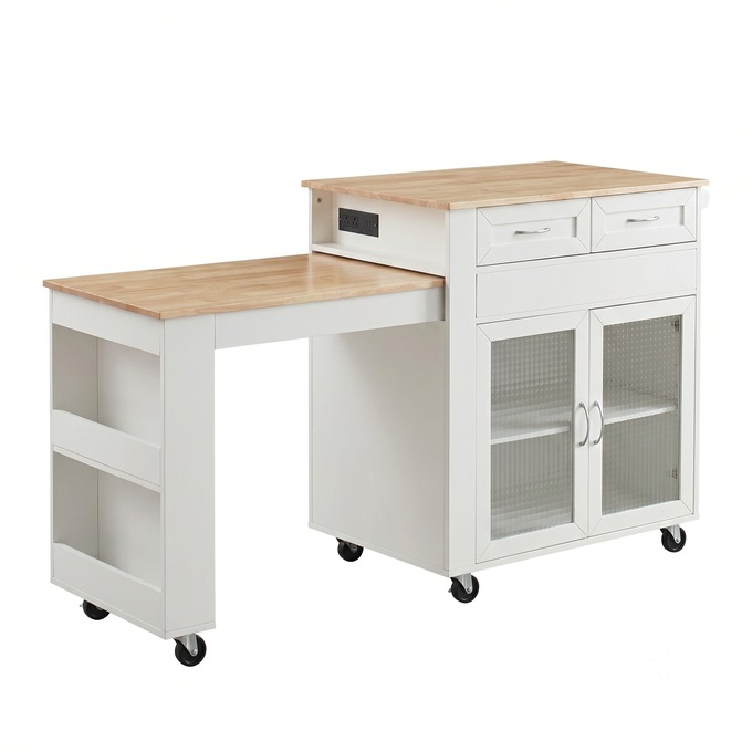 Powered Expandable Kitchen Island, White, large