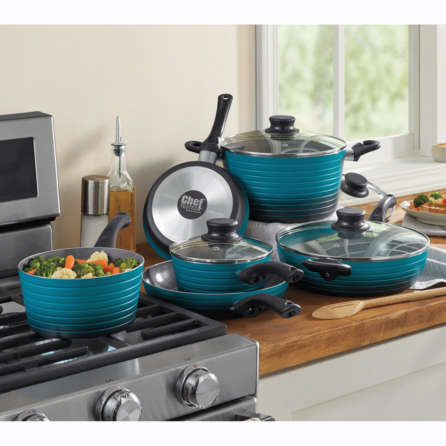 Chef Tested 10-Piece 2-Tone Ribbed Cookware Set | Montgomery Ward