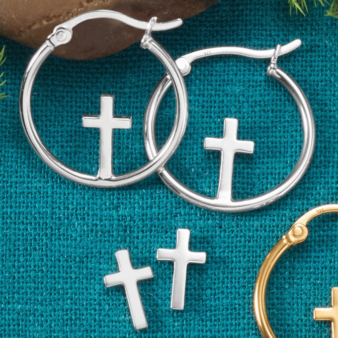 2-Pair Cross Earring Set, Sterling Silver, large