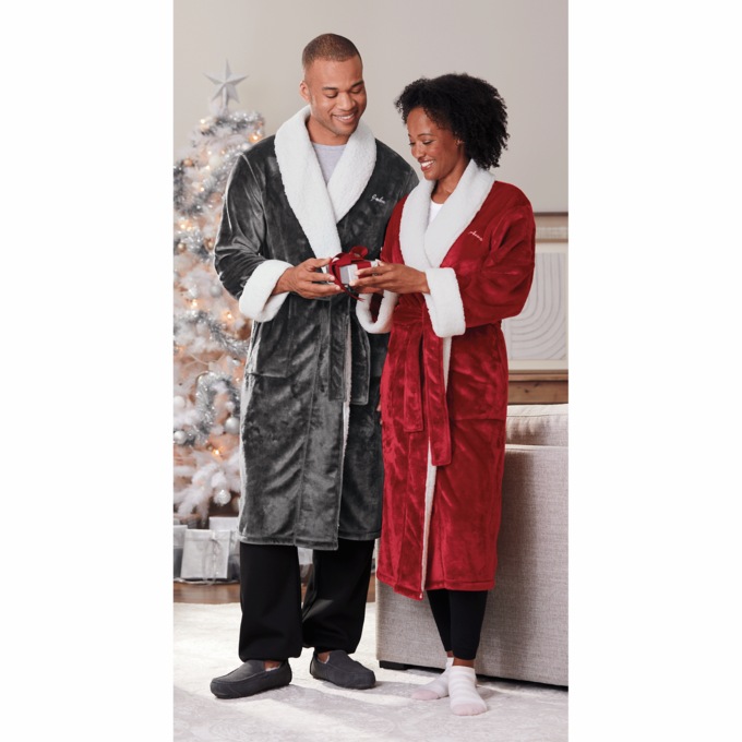 Faux-Sherpa Trim Unisex Robe, , large