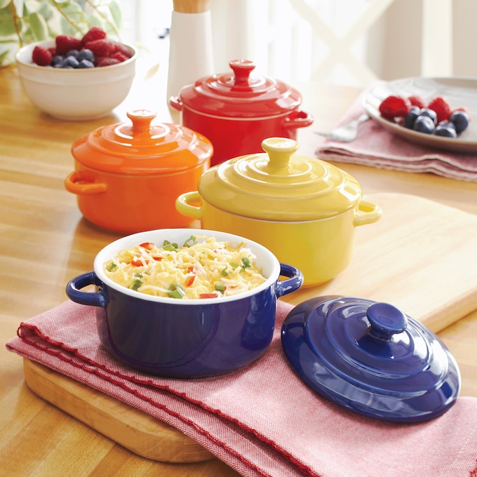 Set of 4 Mini Round Casserole Dishes with Lids, , large