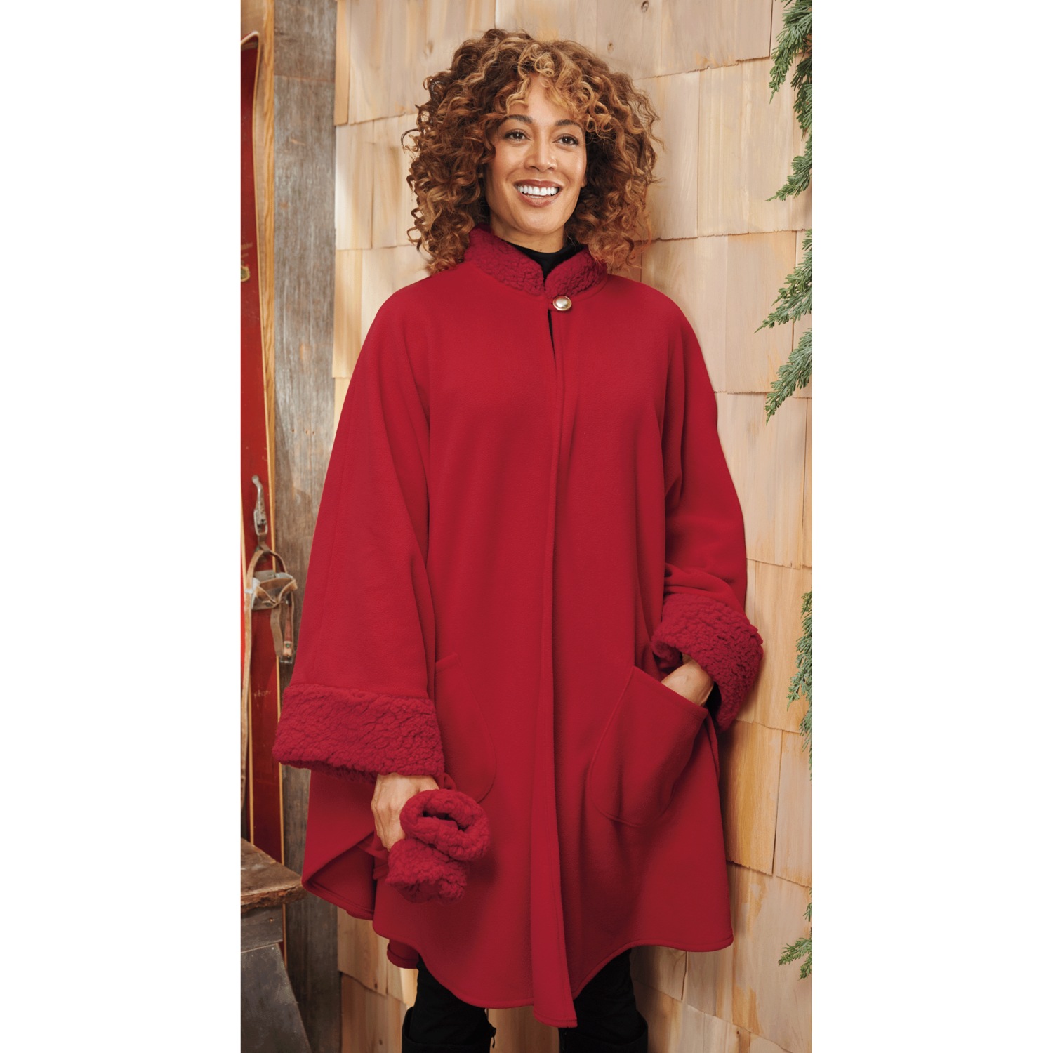 Sherpa-Trimmed Matching Fleece Cape with Gloves | Montgomery Ward