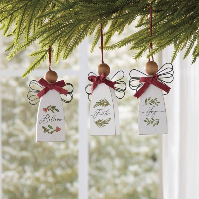 Set of 3 Wood Angel Ornaments, , large