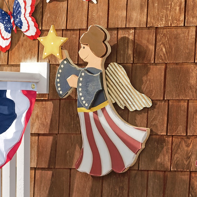 Chunky Wood Lit Patriotic Angel Wall Hanging, , large