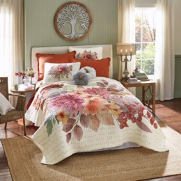 Prairie Bloom Floral Bouquet Oversized Quilt with Striped Reverse and Coordinating Sham, , large