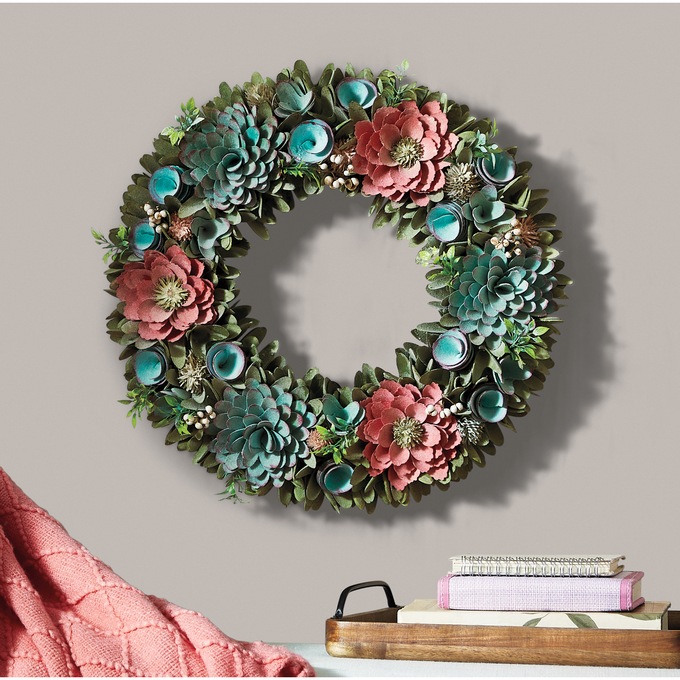 Flocked Succulent and Flower Wood Curl Wreath, , large